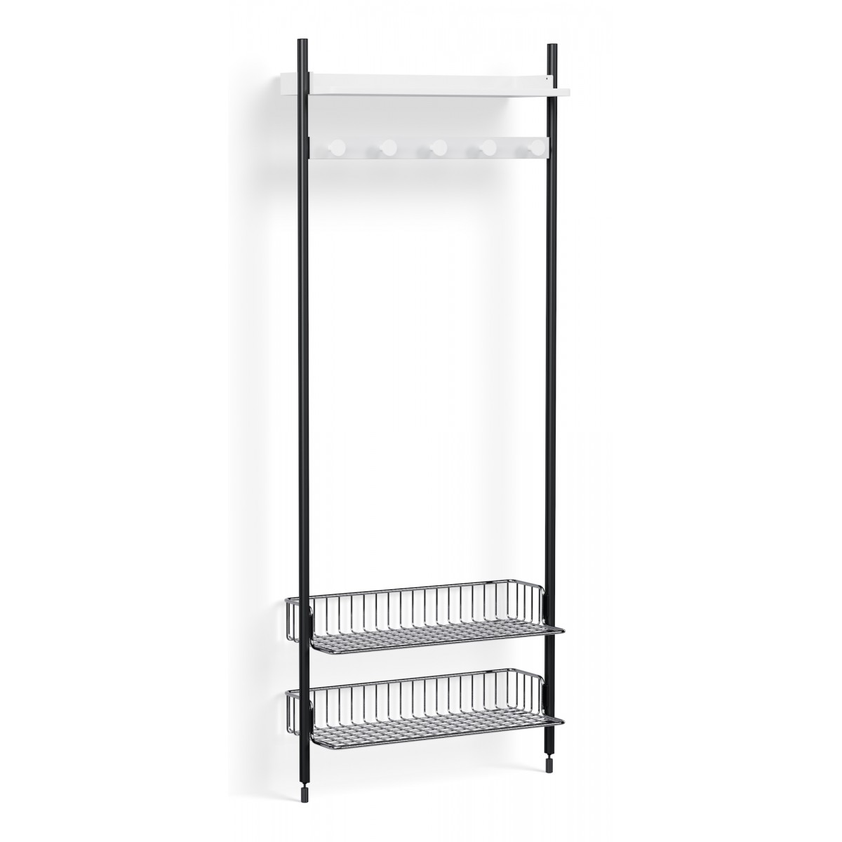 Pier System 1051 – PS White Shelves + Chromed Wire Shelves + Black Anodised Aluminium Profiles