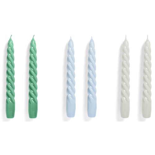 Twist candles set of 6 - green light, blue light and grey - HAY