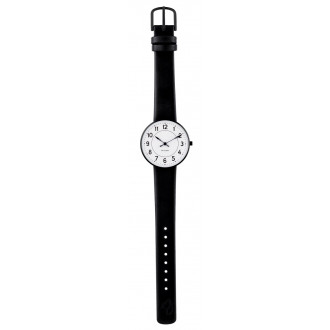 Ø34mm - bracelet cuir noir / fond blanc / cadre métal brossé - montre Station