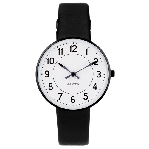 Ø34mm - black leather strap / white dial / brushed steel bezel - Station watch