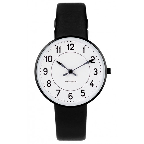 Ø34mm - bracelet cuir noir / fond blanc / cadre métal brossé - montre Station