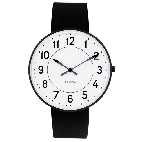 Ø40mm - black leather strap / white dial / brushed steel bezel - Station watch