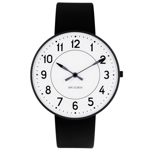 Ø40mm - bracelet cuir noir / fond blanc / cadre métal brossé - montre Station