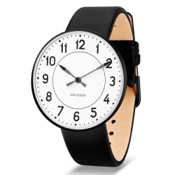 Ø40mm - black leather strap / white dial / brushed steel bezel - Station watch