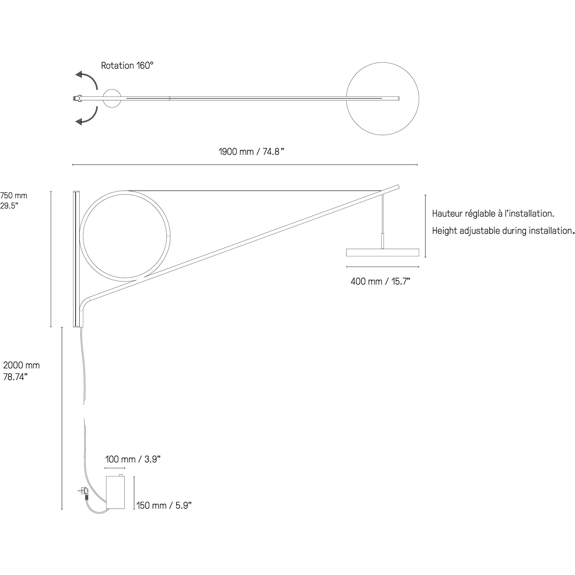 Potence murale Cercle & Trait – Branchement prise - CVL Luminaires