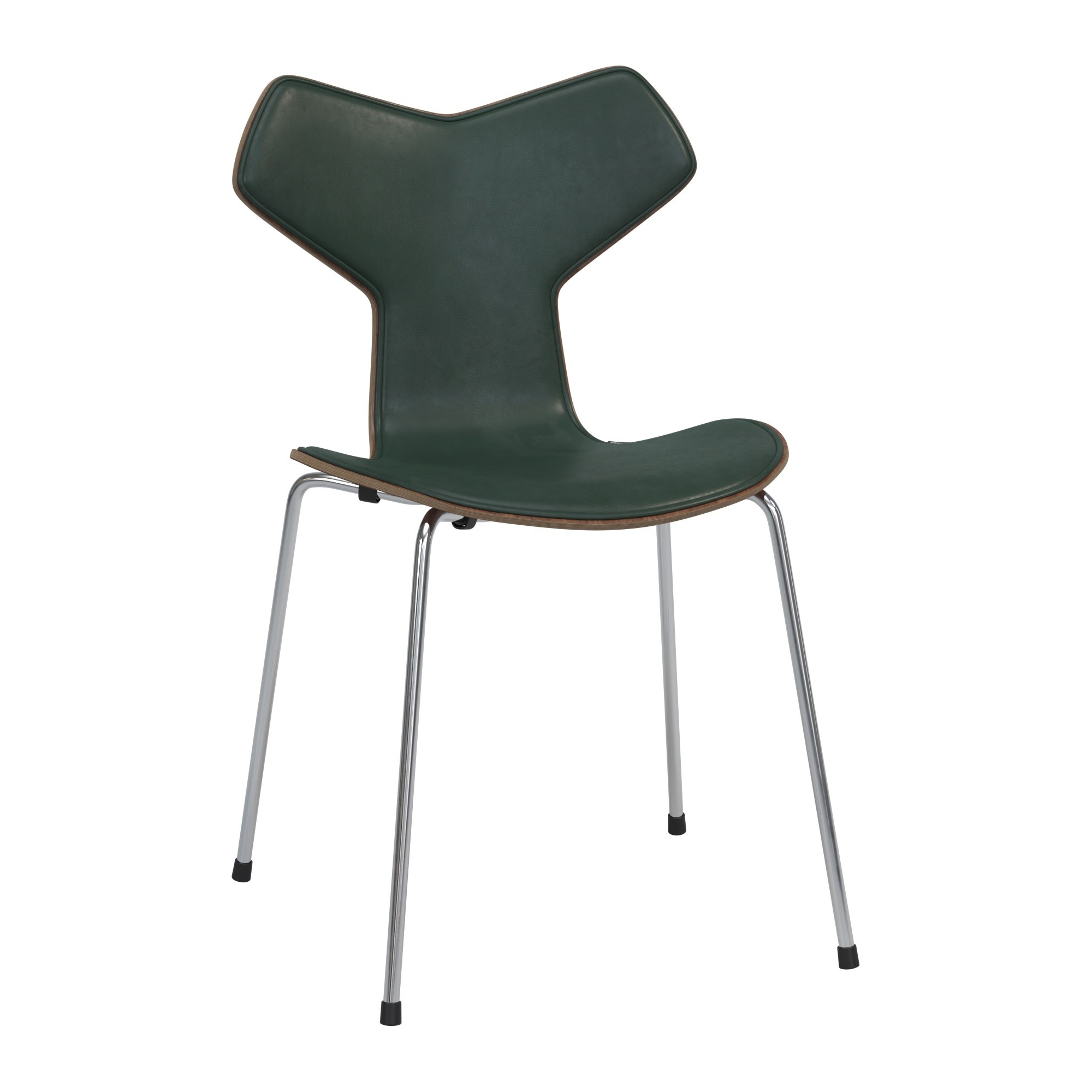 Chaise Grand Prix Édition Spécial – Pied métal, Sans accoudoir – Noyer + cuir Pure Vert forêt + Base chrome - Fritz Hansen