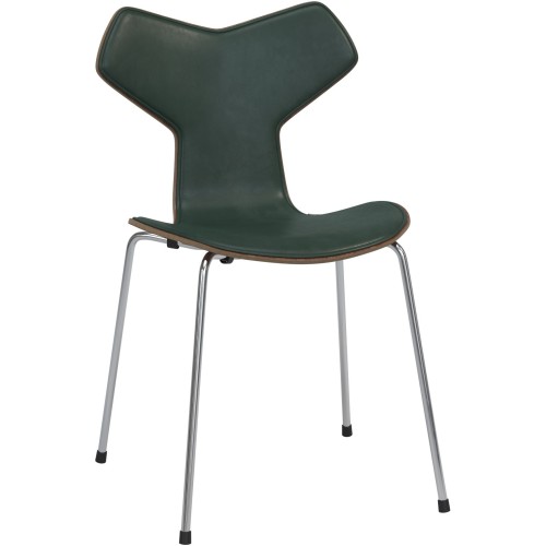 Chaise Grand Prix Édition Spécial – Pied métal, Sans accoudoir – Noyer + cuir Pure Vert forêt + Base chrome - Fritz Hansen