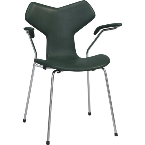 Chaise Grand Prix Édition Spécial – Pied métal, Avec accoudoirs – cuir Pure Vert forêt - Fritz Hansen