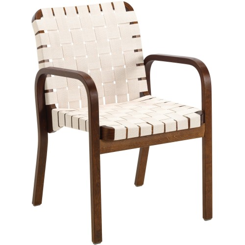 Fauteuil 45 – Toile de lin Naturel / Blanc + Bouleau teinté noyer + Accoudoirs nus - Artek