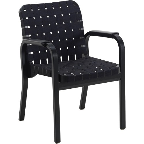 Armchair 45 – Black / Blue linen webbing + Black stained birch + Flat black leather armrests - Artek