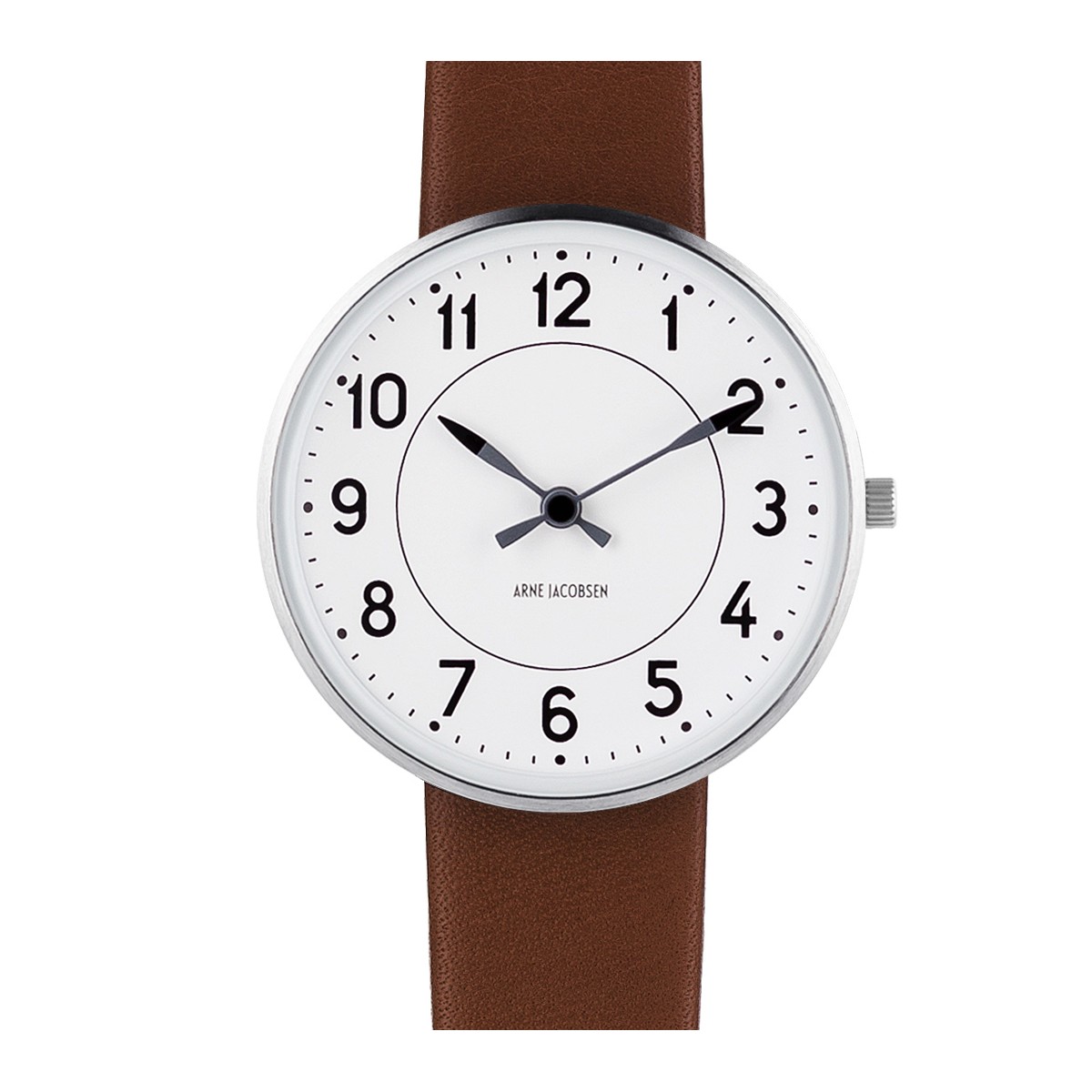 SOLD OUT Station watch - Ø34mm - brushed steel/white, brown leather strap