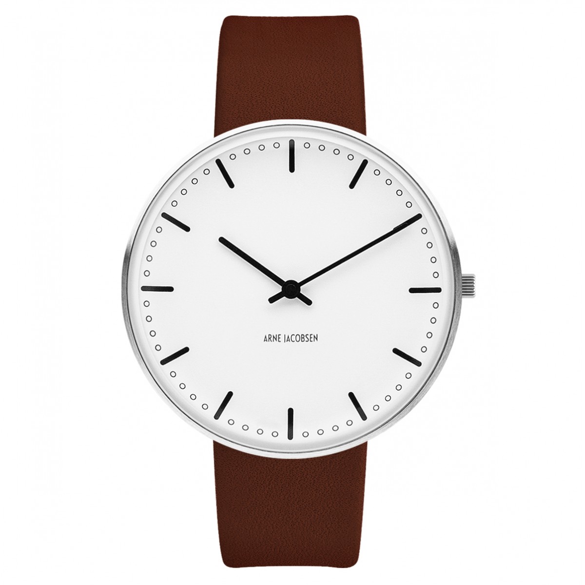 City Hall watch 40mm brushed steel white brown leather strap